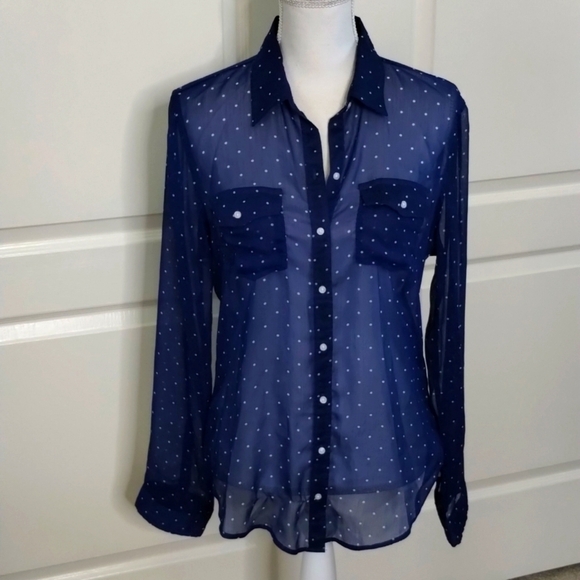 Abercrombie & Fitch sheer blue white polka dot button down blouse long sleeve M - Picture 1 of 11